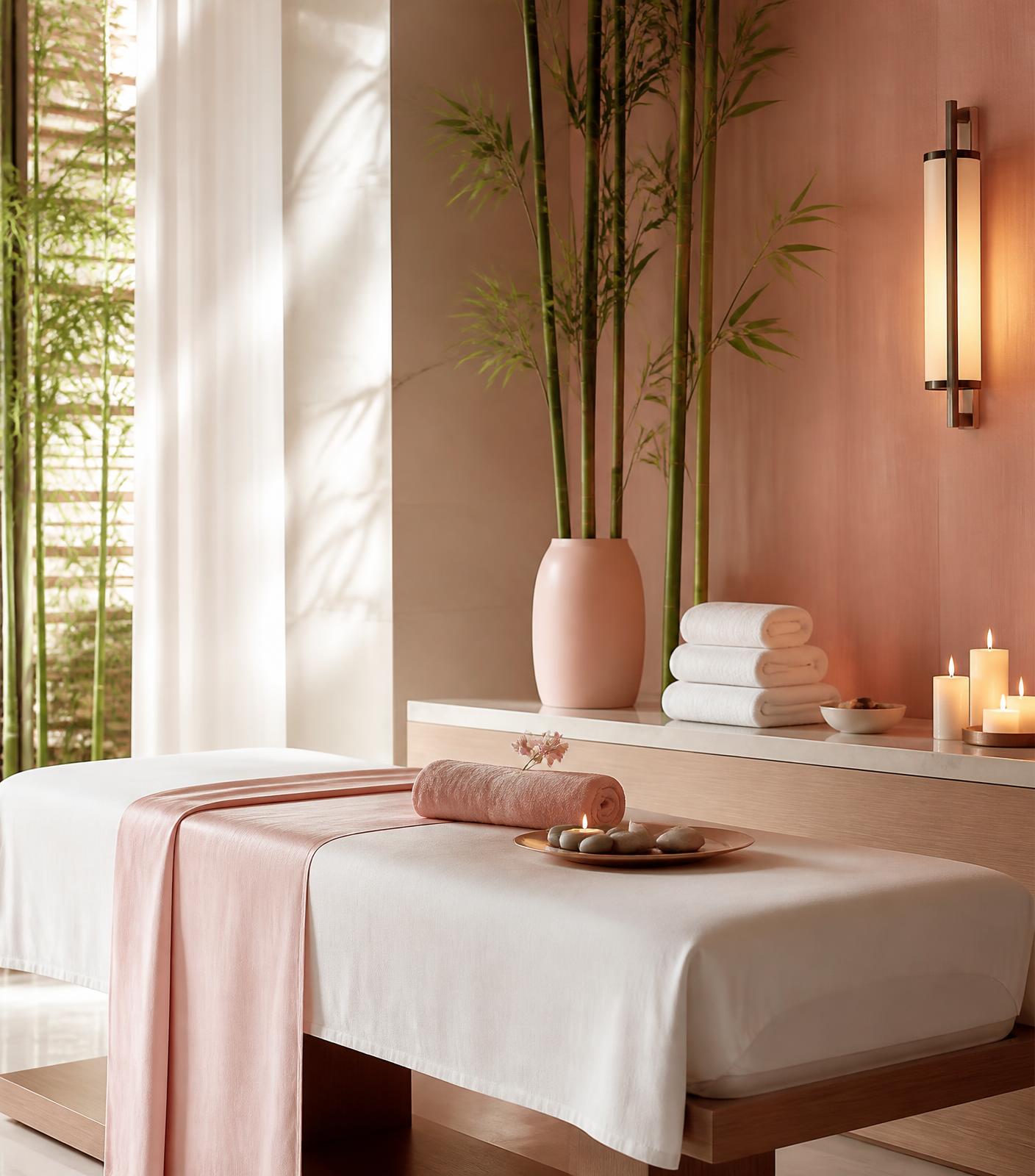 Sala de tratamento do Spazio Flor de Bamboo com toalhas e bambu